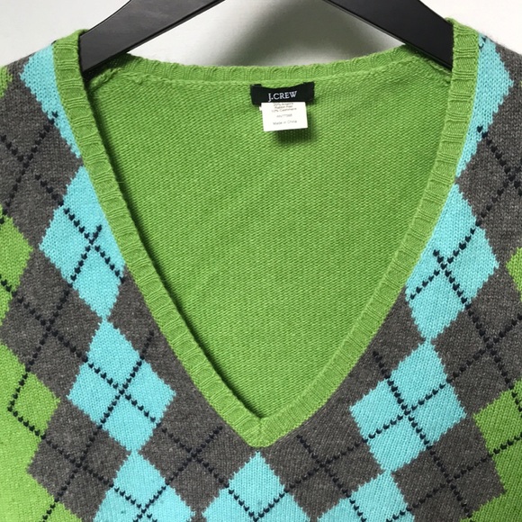 JCrew green/blue/grey argyle v neck sweater M - Picture 3 of 6
